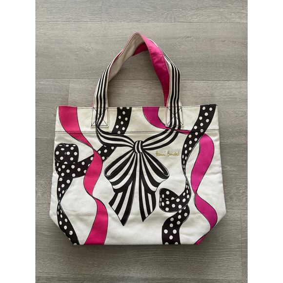 Henri Bendel Canvas Tote Bag Pink Black Ribbon Beach Bag Luxury Designer